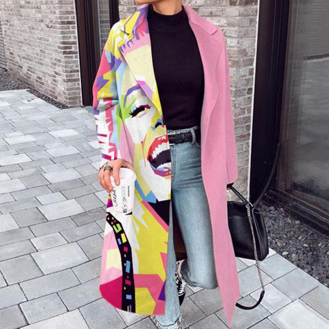 Women's Oversized Pop Art Print Long Trench Coat - Pink