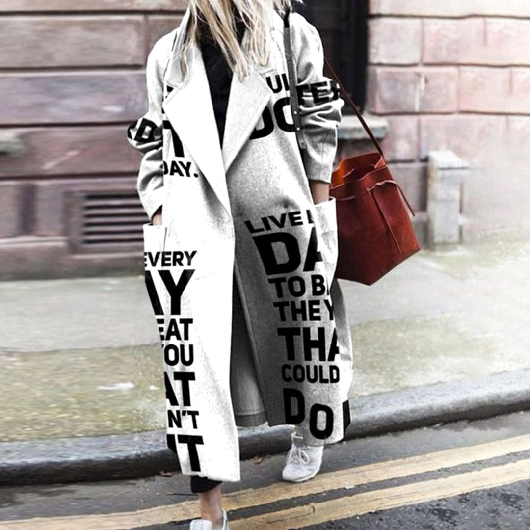 Women's Oversized Pop Art Print Long Trench Coat - Grey