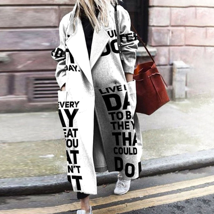 Women's Oversized Pop Art Print Long Trench Coat - Grey