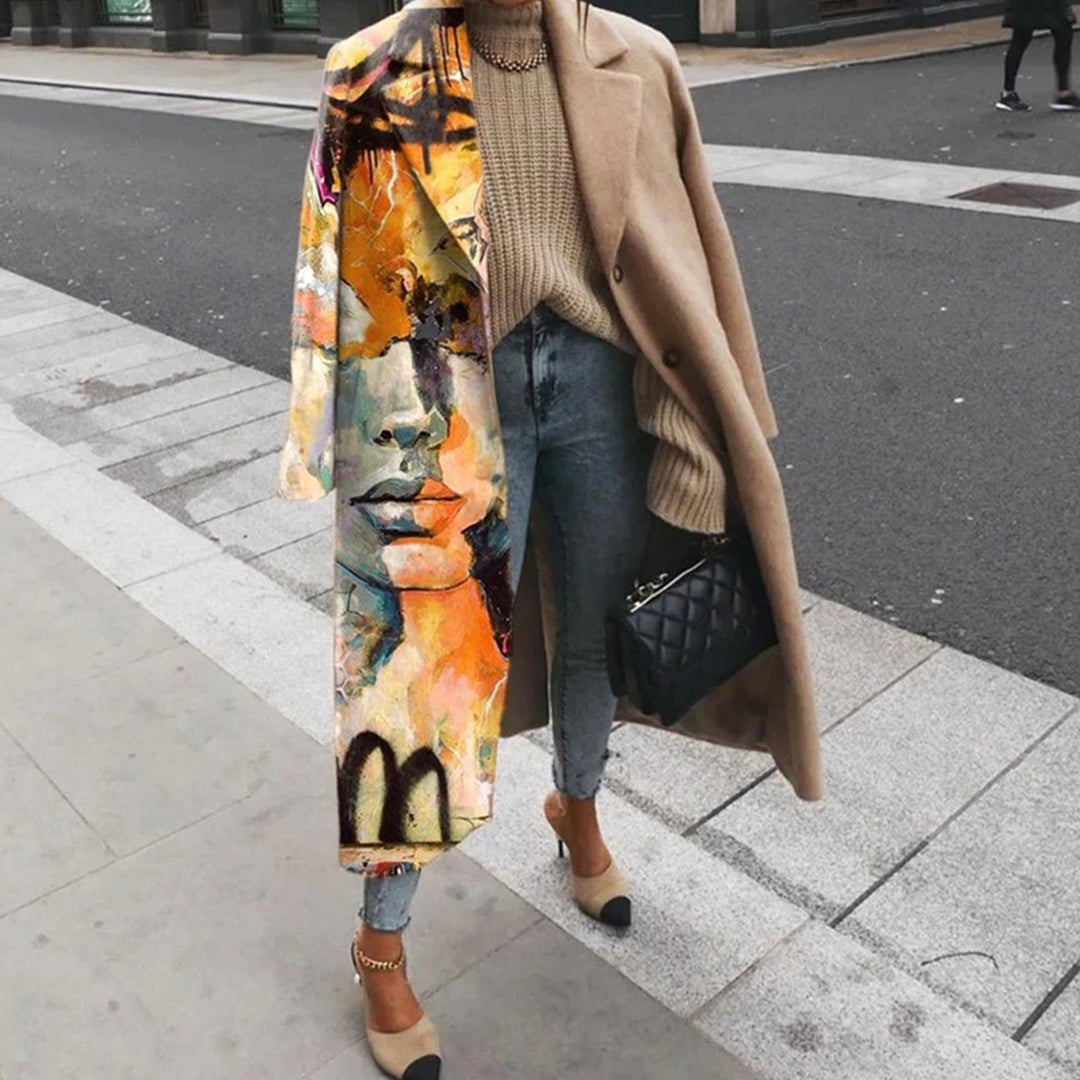 Women's Oversized Pop Art Print Long Trench Coat - Brown