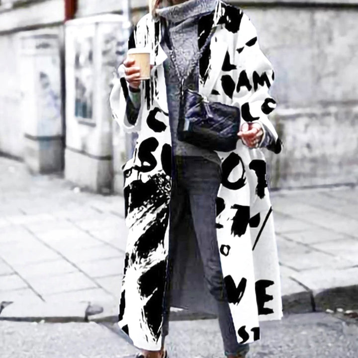 Women's Oversized Pop Art Print Long Trench Coat - White