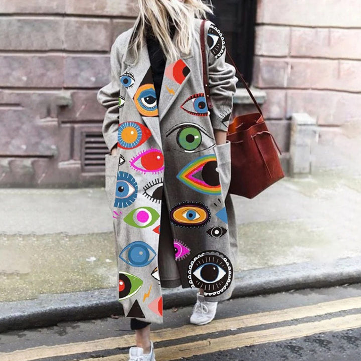 Women's Oversized Pop Art Print Long Trench Coat - Dark Grey