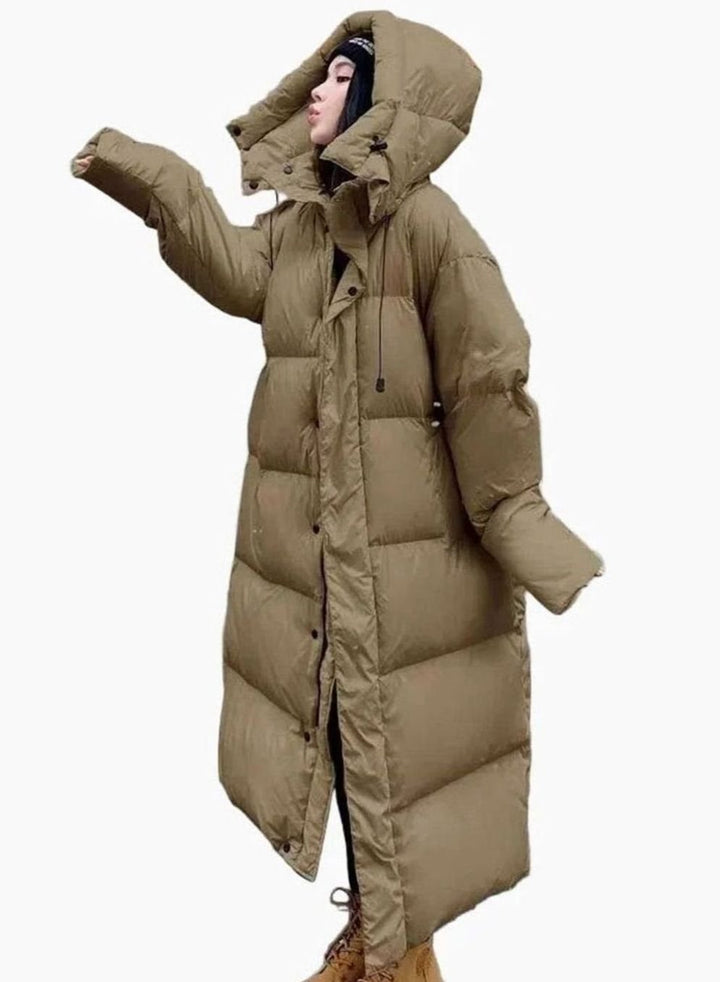 Women's Oversized Quilted Hooded Long Puffer Coat - Khaki