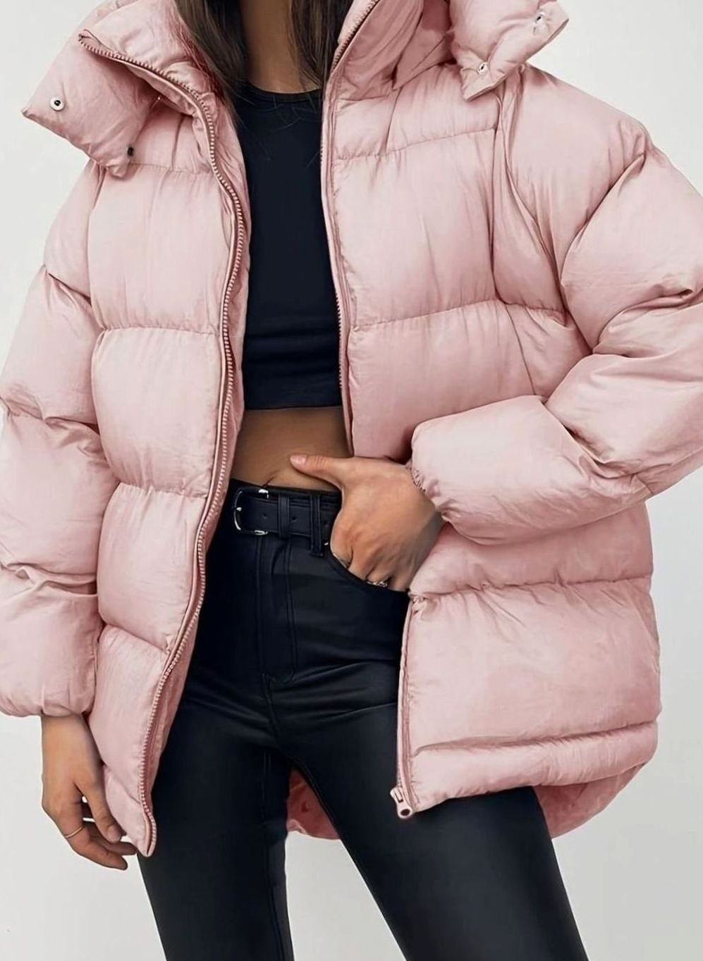 Women's Oversized Quilted Stand-Collar Zip-Up Puffer Jacket - Pink
