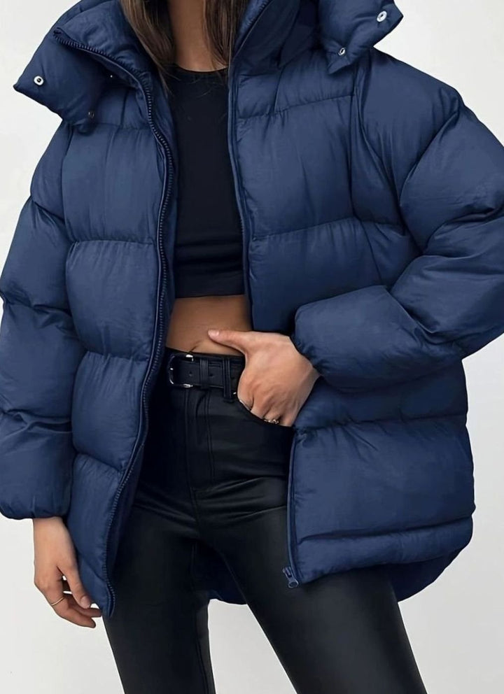 Women's Oversized Quilted Stand-Collar Zip-Up Puffer Jacket - Navy Blue