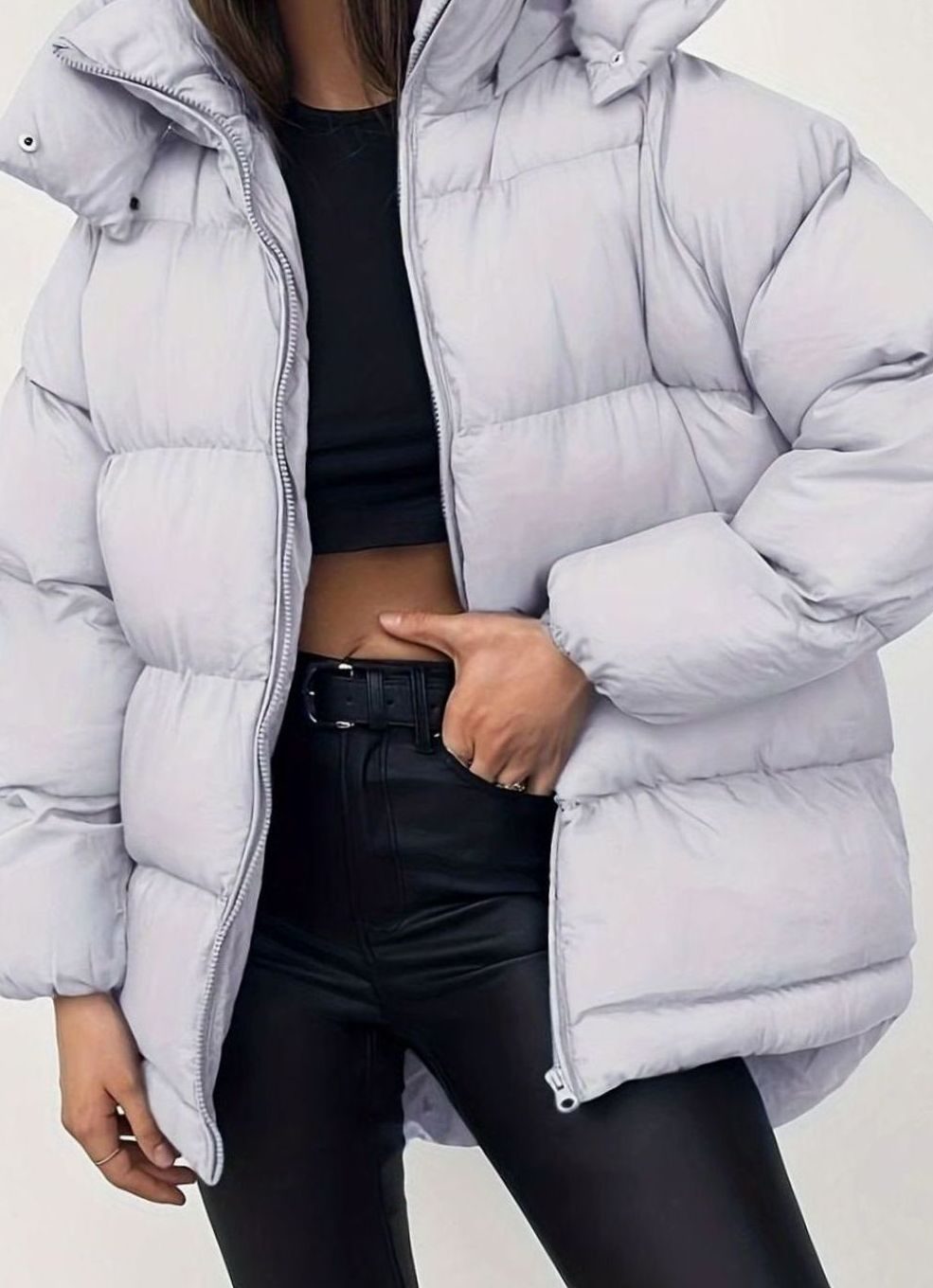 Women's Oversized Quilted Stand-Collar Zip-Up Puffer Jacket - Light Grey