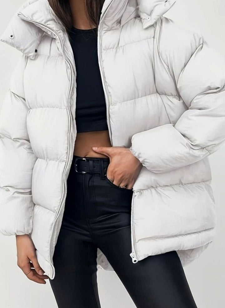 Women's Oversized Quilted Stand-Collar Zip-Up Puffer Jacket - White
