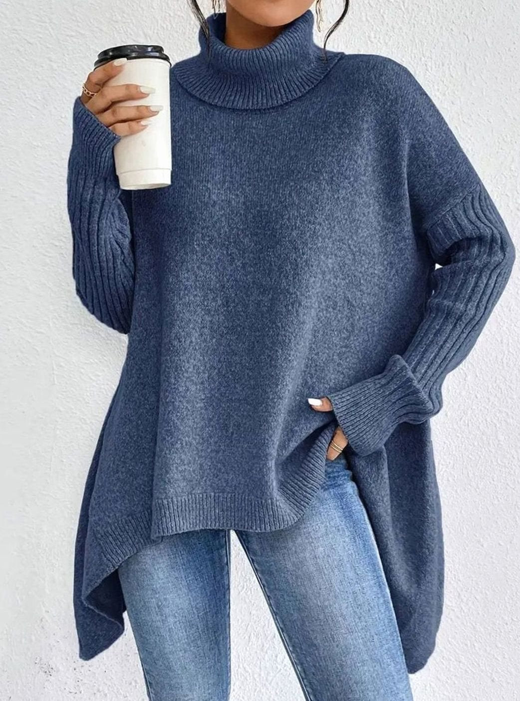 Women's Oversized Ribbed Turtleneck High-Low Hem Jumper - Ocean Blue