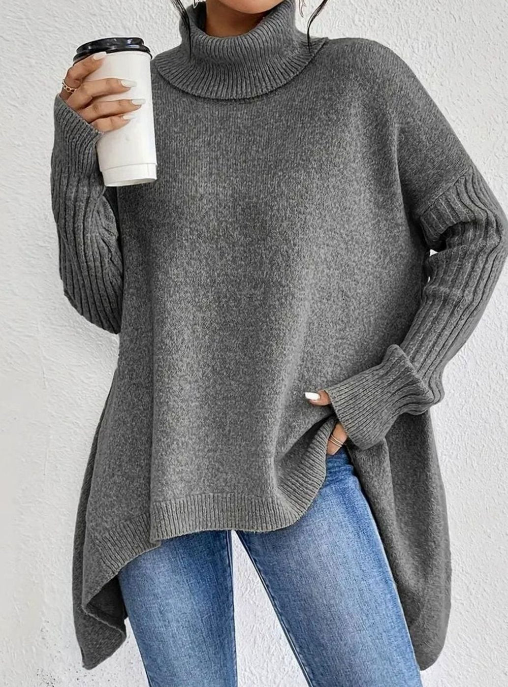 Women's Oversized Ribbed Turtleneck High-Low Hem Jumper - Stone Grey