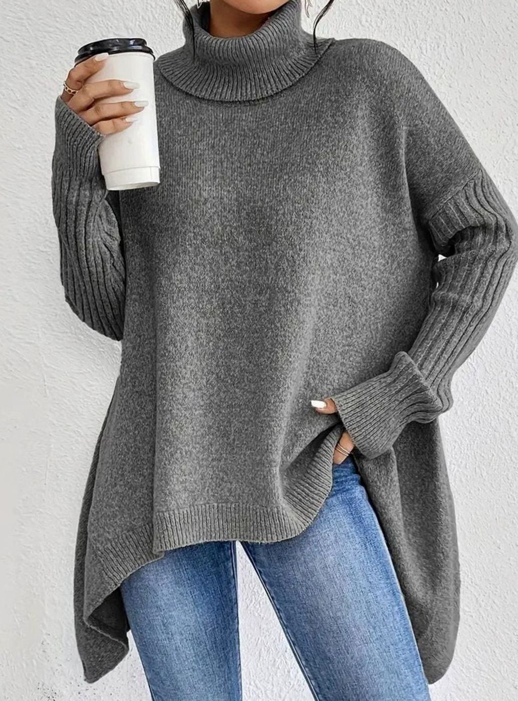 Women's Oversized Ribbed Turtleneck High-Low Hem Jumper - Stone Grey