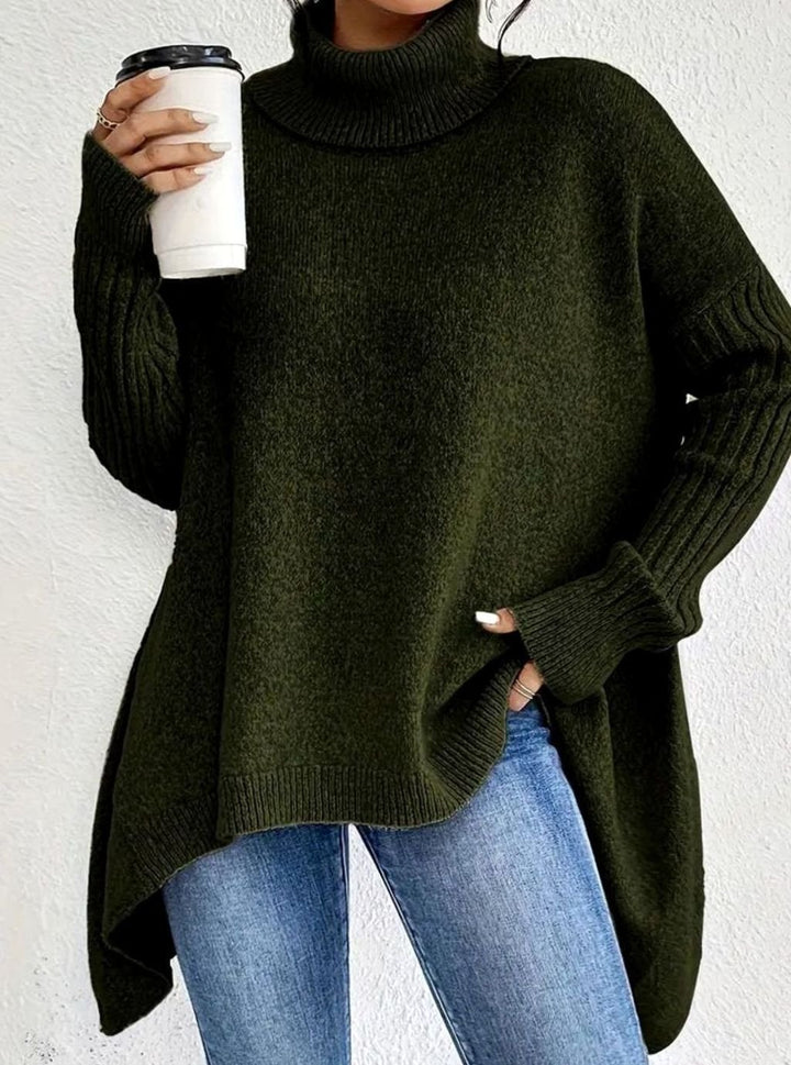 Women's Oversized Ribbed Turtleneck High-Low Hem Jumper - Pine Green