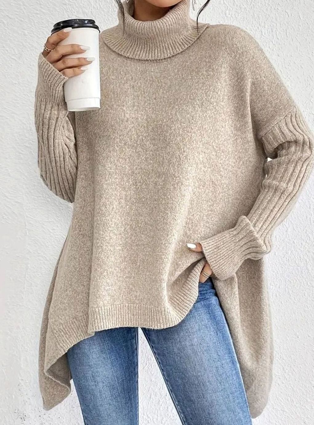 Women's Oversized Ribbed Turtleneck High-Low Hem Jumper - Desert Khaki