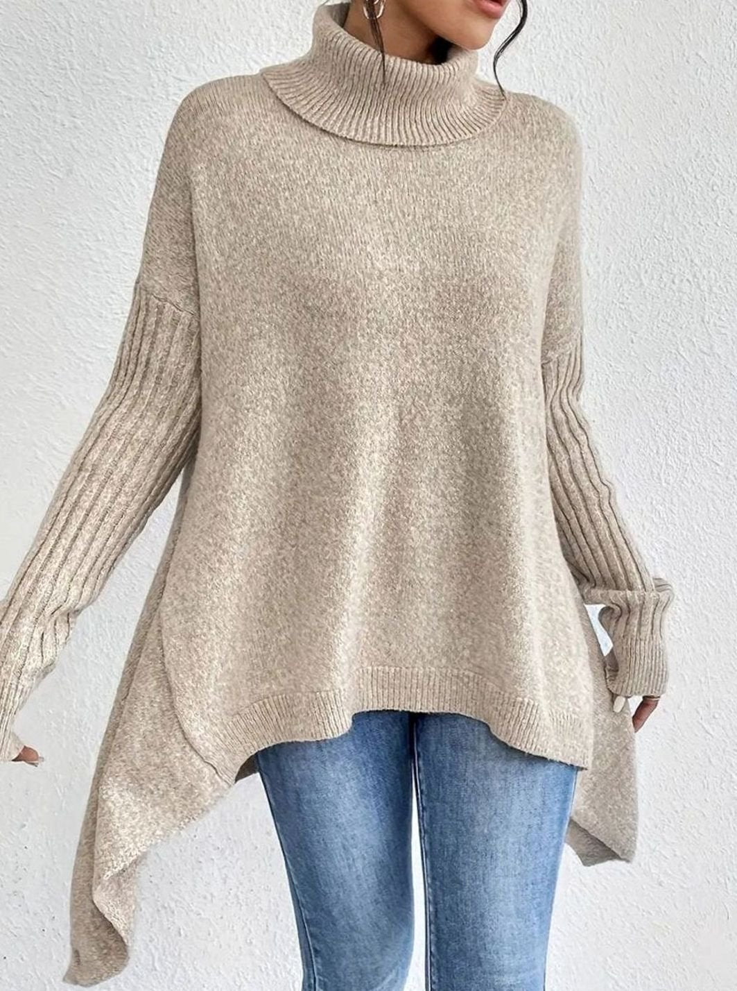 Women's Oversized Ribbed Turtleneck High-Low Hem Jumper