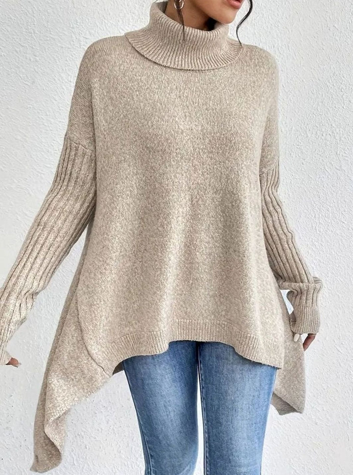 Women's Oversized Ribbed Turtleneck High-Low Hem Jumper
