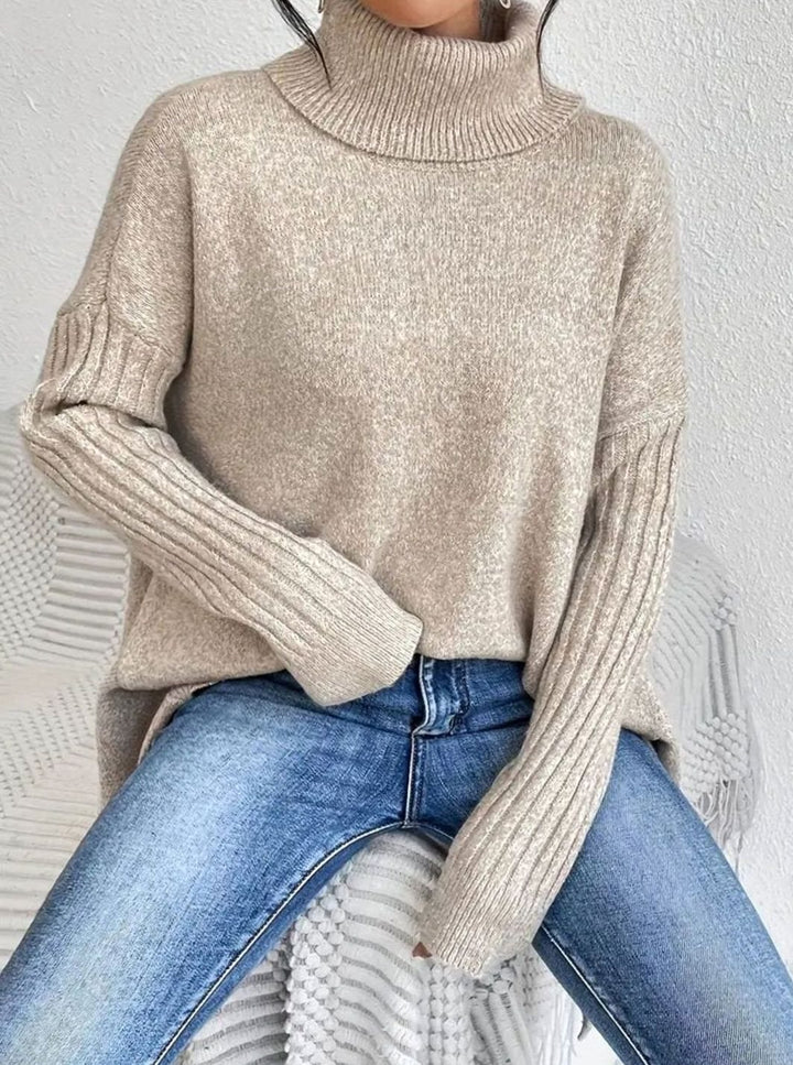 Women's Oversized Ribbed Turtleneck High-Low Hem Jumper