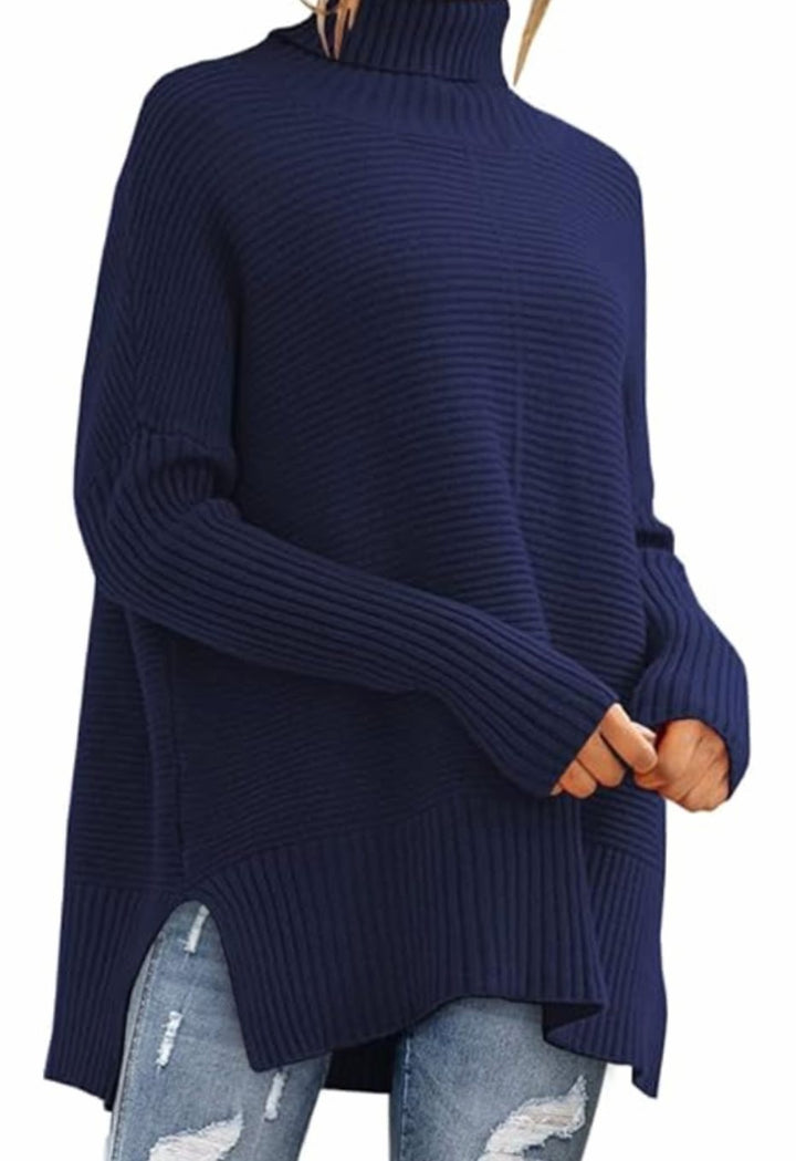 Women's Oversized Ribbed Turtleneck Jumper Side Split Hem - Navy Blue