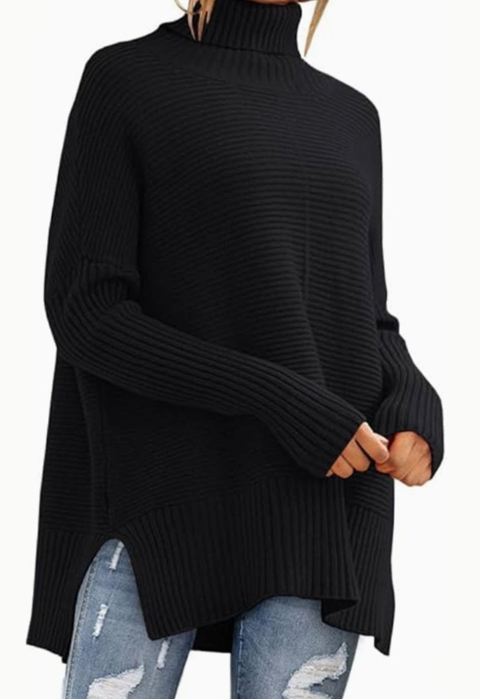 Women's Oversized Ribbed Turtleneck Jumper Side Split Hem - Black