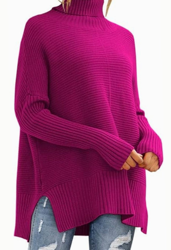 Women's Oversized Ribbed Turtleneck Jumper Side Split Hem - Pink