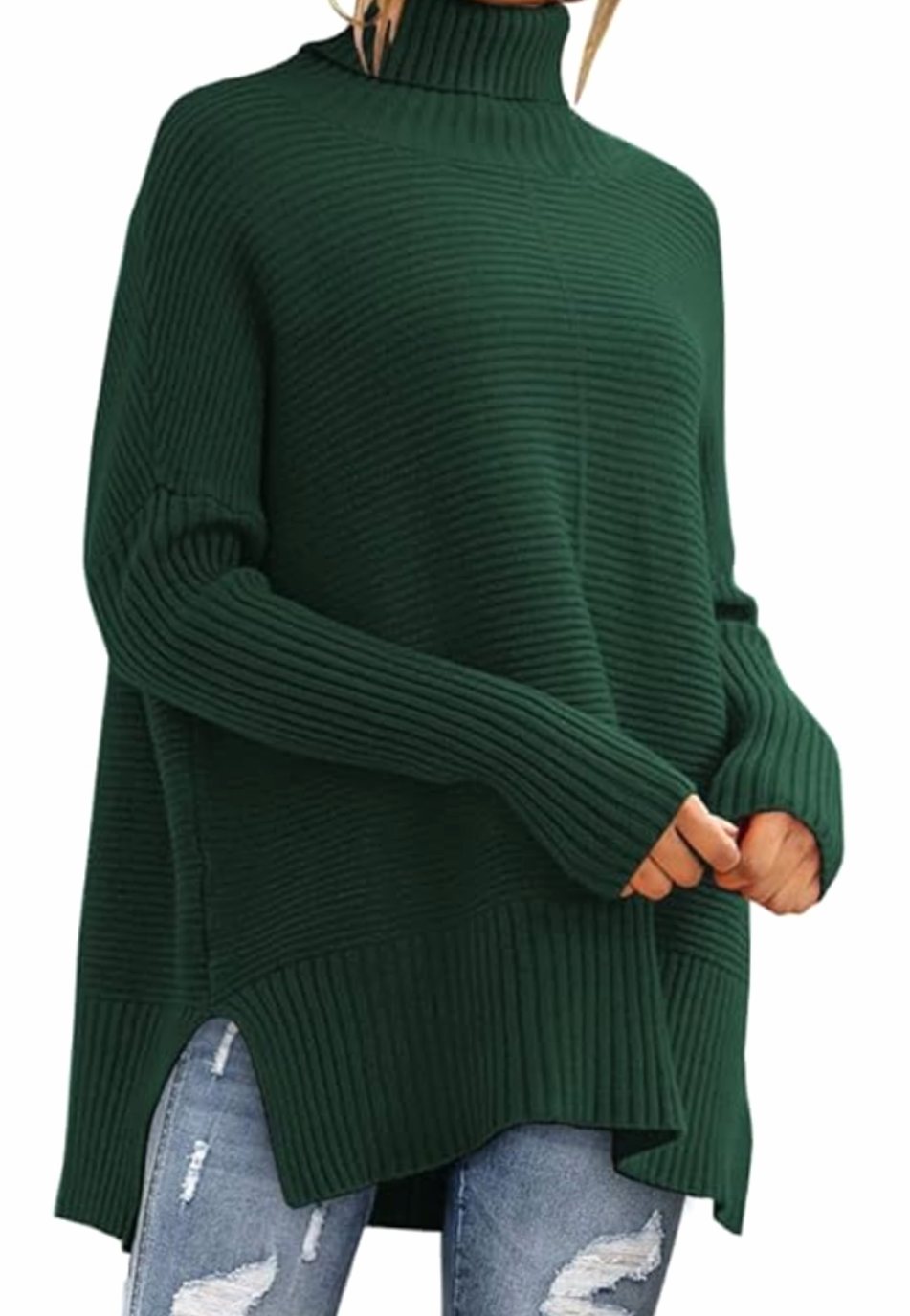 Women's Oversized Ribbed Turtleneck Jumper Side Split Hem - Green
