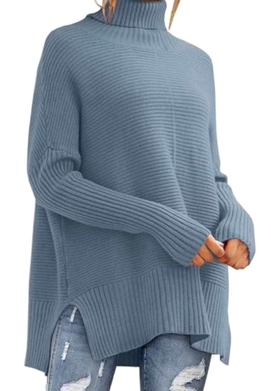Women's Oversized Ribbed Turtleneck Jumper Side Split Hem - Indigo
