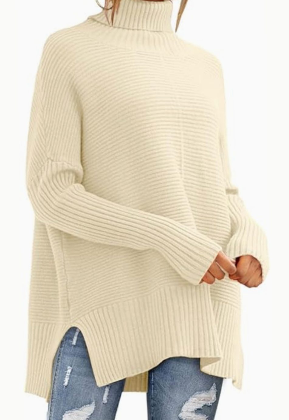 Women's Oversized Ribbed Turtleneck Jumper Side Split Hem - Beige