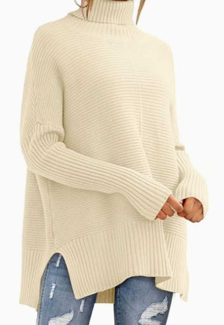 Women's Oversized Ribbed Turtleneck Jumper Side Split Hem - Beige