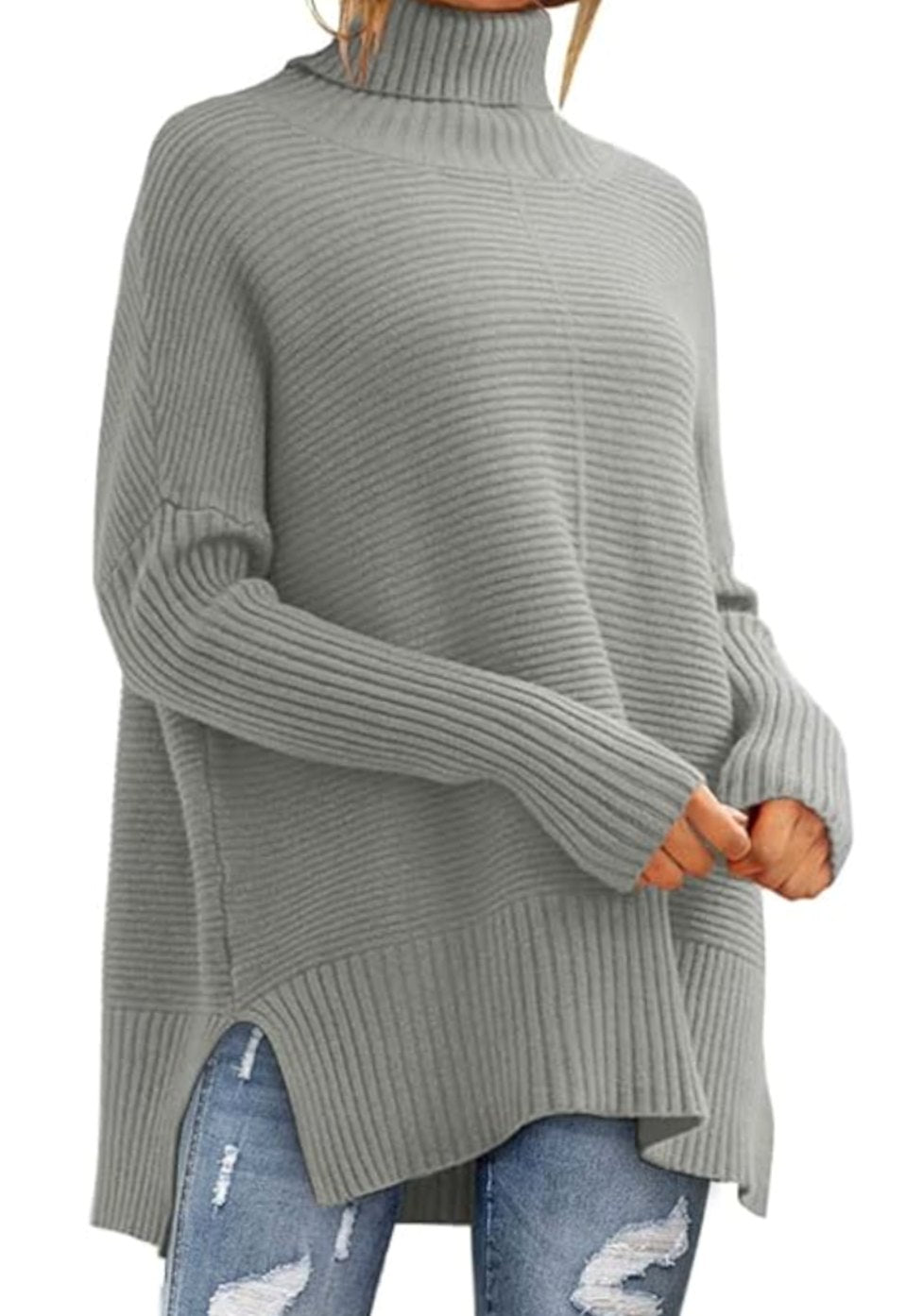 Women's Oversized Ribbed Turtleneck Jumper Side Split Hem - Grey
