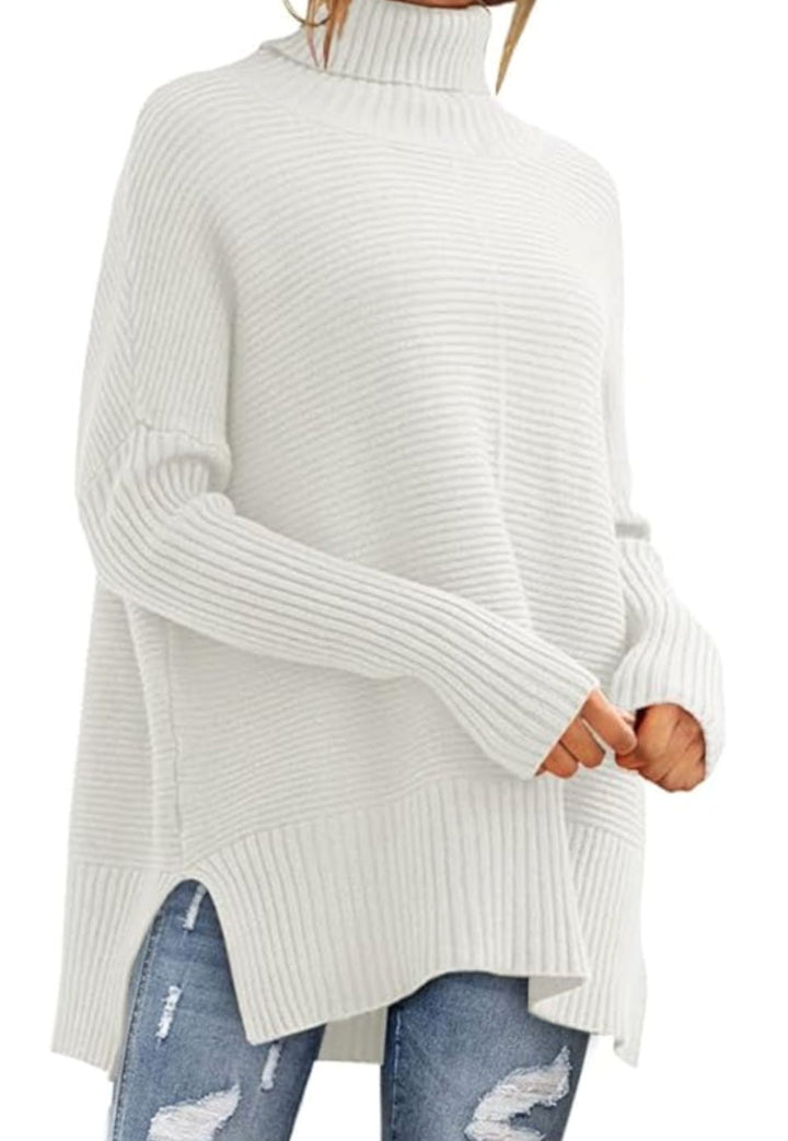 Women's Oversized Ribbed Turtleneck Jumper Side Split Hem - White