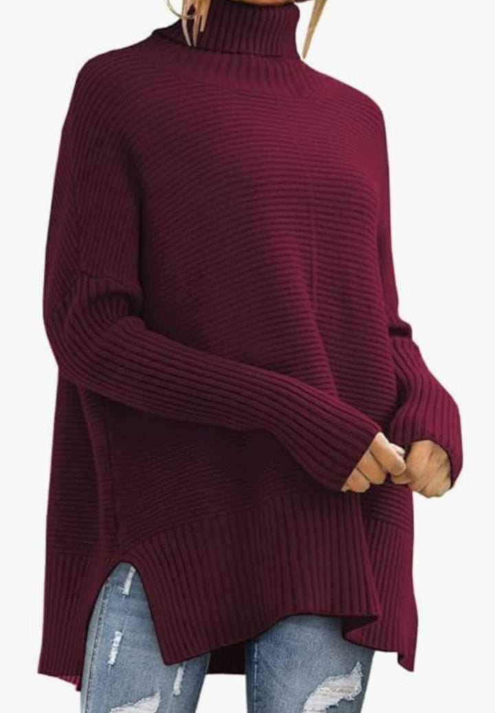 Women's Oversized Ribbed Turtleneck Jumper Side Split Hem - Burgundy
