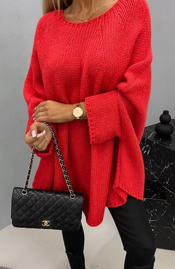 Women's Oversized Round-Neck Knitted Jumper - Red