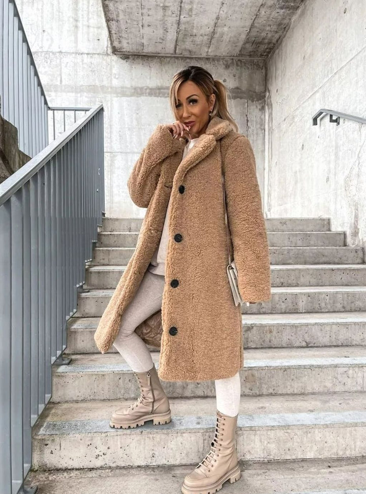 Women's Oversized Teddy Fleece Button-Up Long Coat - Beige