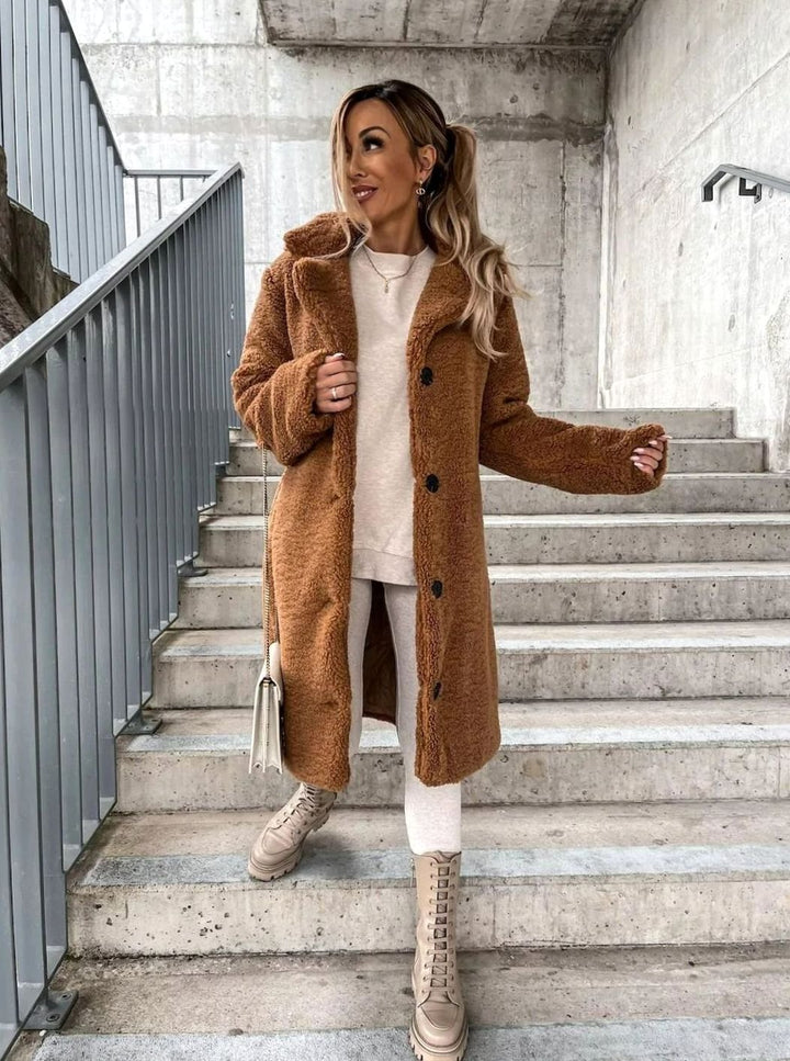 Women's Oversized Teddy Fleece Button-Up Long Coat - Brown