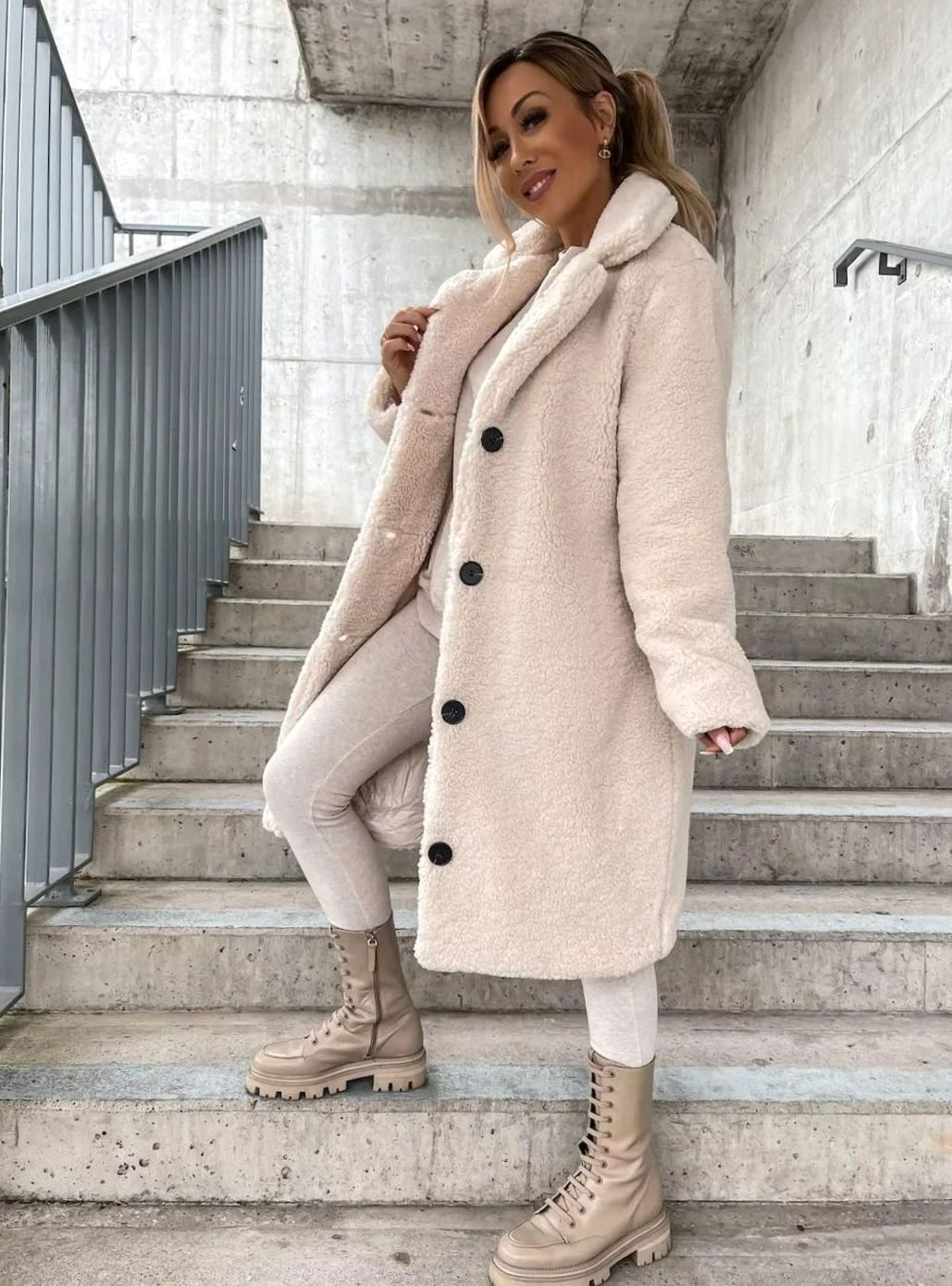Women's Oversized Teddy Fleece Button-Up Long Coat - Cream