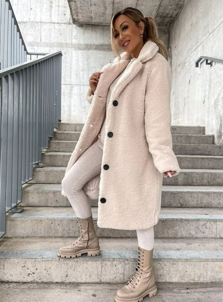 Women's Oversized Teddy Fleece Button-Up Long Coat - Cream