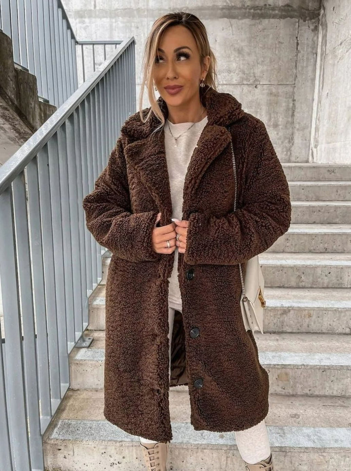 Women's Oversized Teddy Fleece Button-Up Long Coat - Light Brown