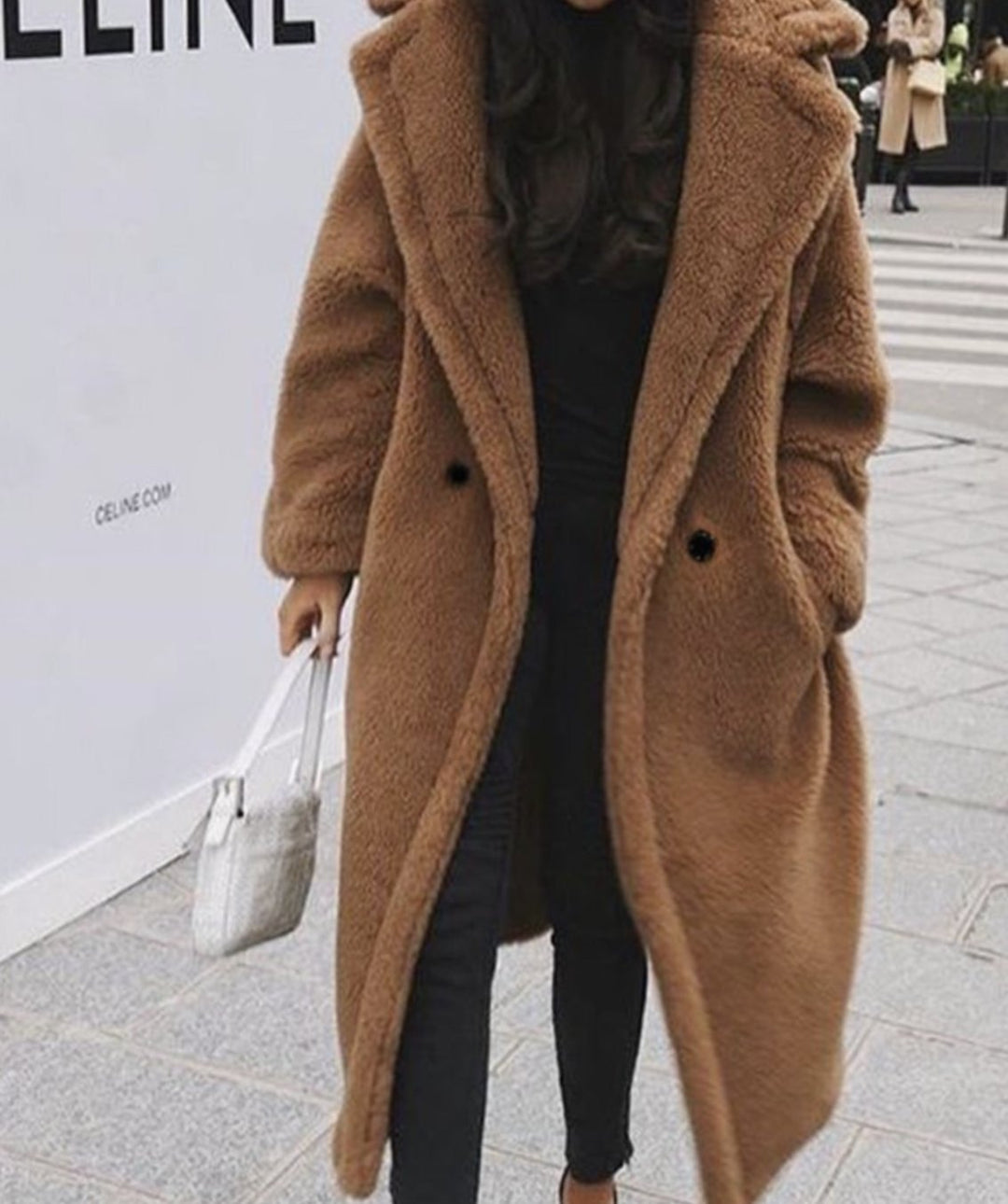 Women's Oversized Teddy Fleece Long Coat - Brown