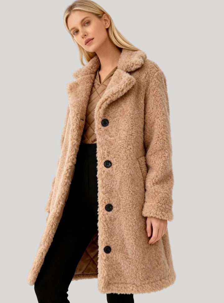 Women's Oversized Teddy Plush Long Button-Up Coat - Beige