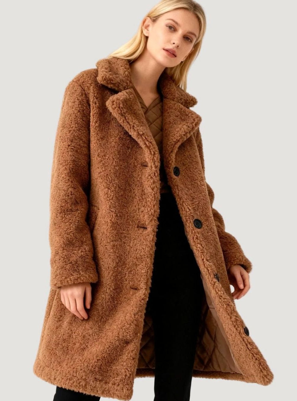 Women's Oversized Teddy Plush Long Button-Up Coat - Brown