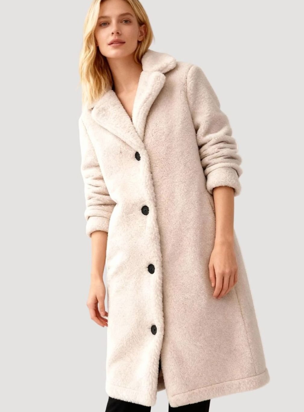 Women's Oversized Teddy Plush Long Button-Up Coat - Cream