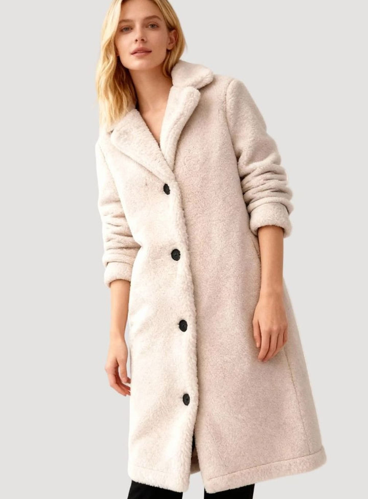Women's Oversized Teddy Plush Long Button-Up Coat - Cream