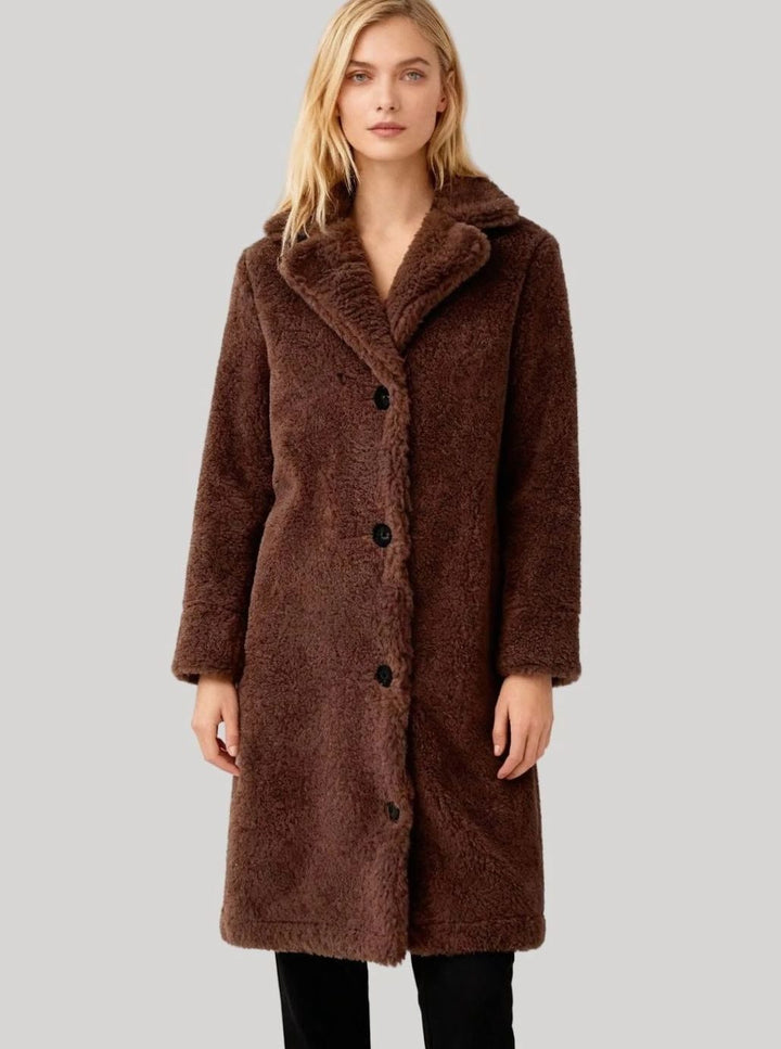 Women's Oversized Teddy Plush Long Button-Up Coat - Dark Brown