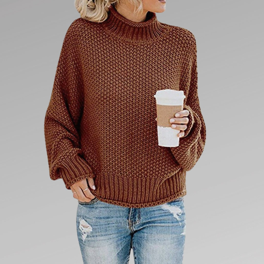Women's Oversized Turtleneck Chunky Knitted Jumper - Brown