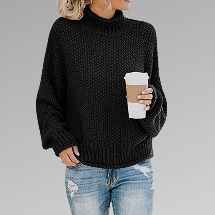 Women's Oversized Turtleneck Chunky Knitted Jumper, Orange - Black