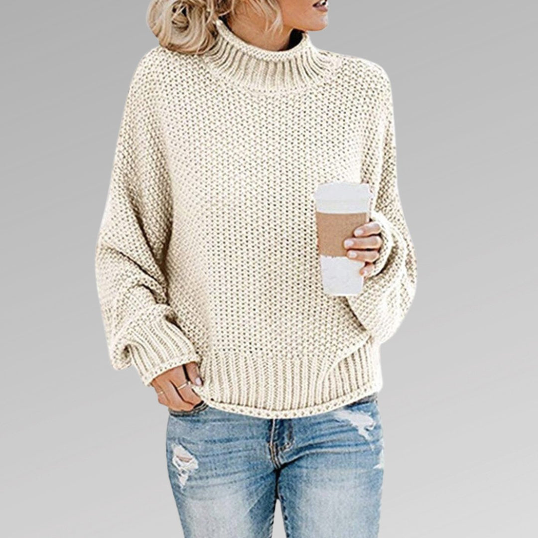 Women's Oversized Turtleneck Chunky Knitted Jumper, Orange - White