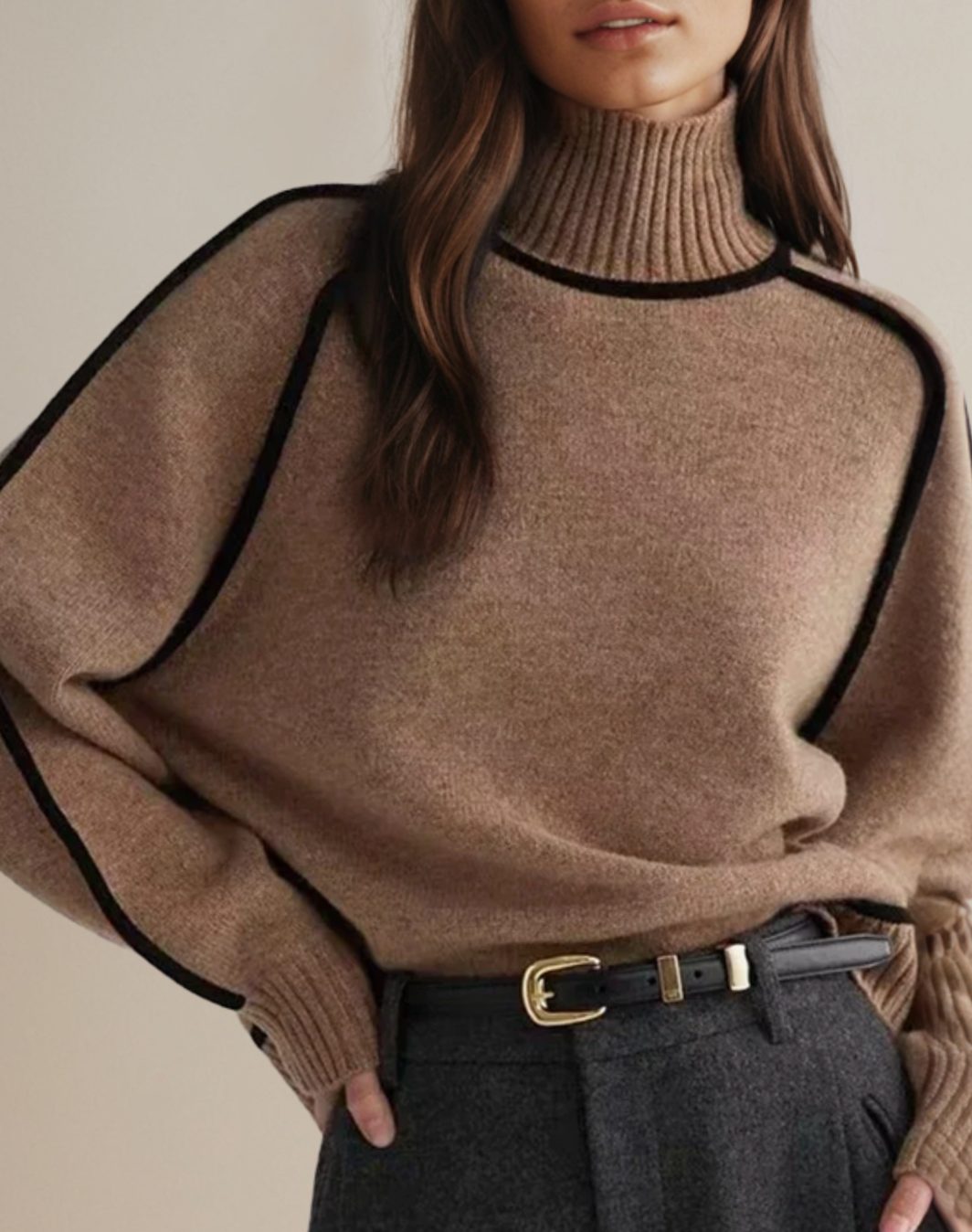 Women's Oversized Turtleneck Jumper Contrast Trim Lantern Sleeves - Brown