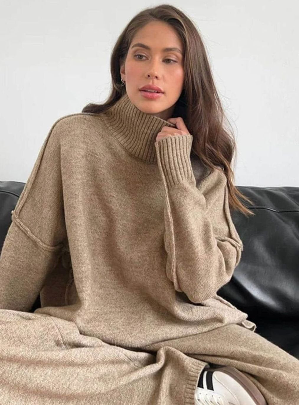 Women's Oversized Turtleneck Jumper Knit Dress - Caramel