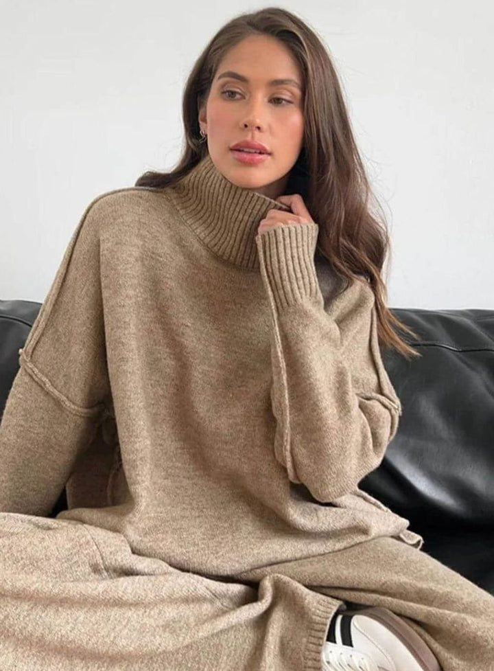 Women's Oversized Turtleneck Jumper Knit Dress - Caramel