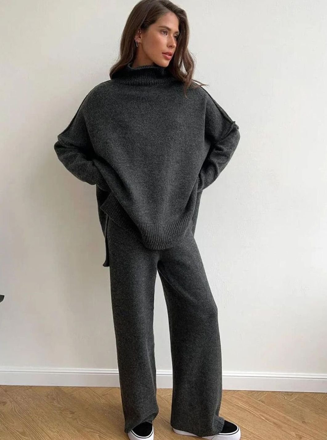 Women's Oversized Turtleneck Jumper Knit Dress - Grey