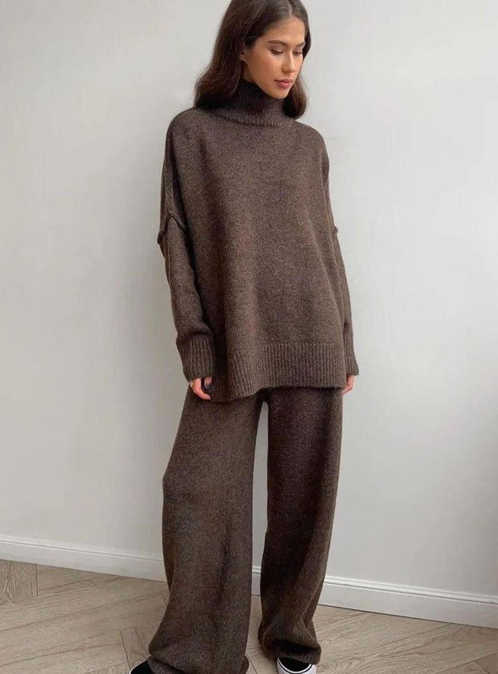 Women's Oversized Turtleneck Jumper Knit Dress - Brown