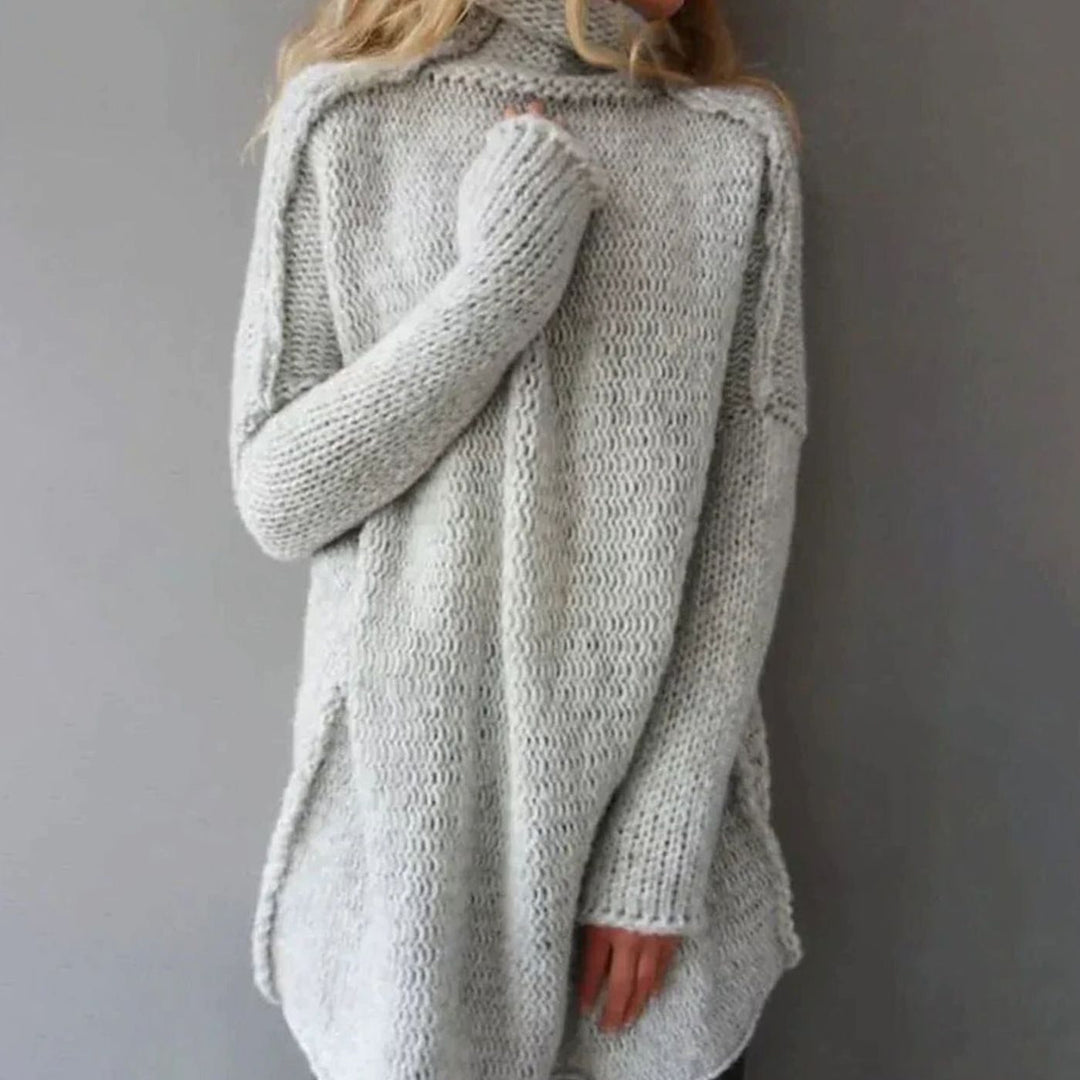 Women's Oversized Turtleneck Jumper Longline Knit Pullover, Light Grey - Grey